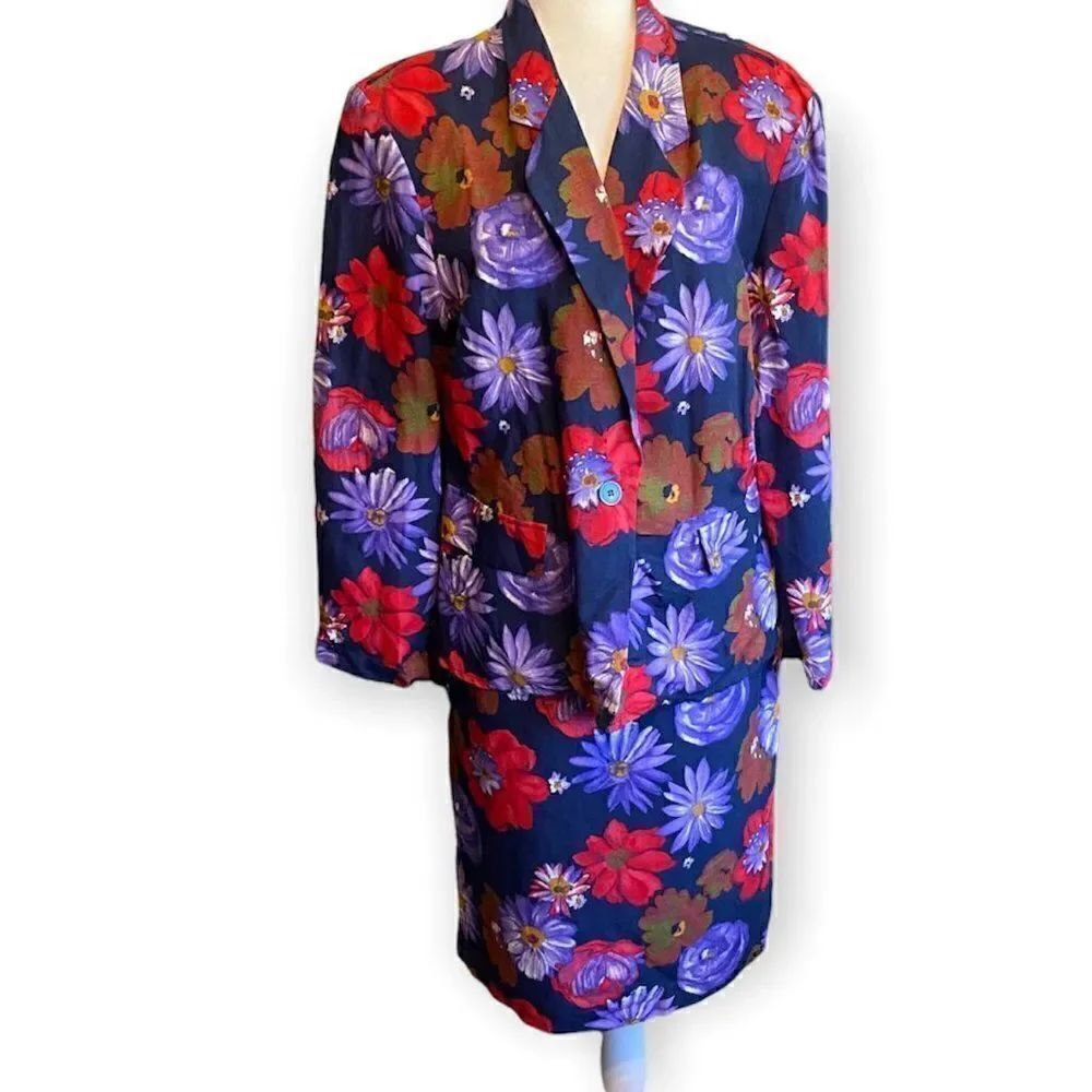 Italian Two Piece Floral Skirt and Jacket Suit 80’s Vintage